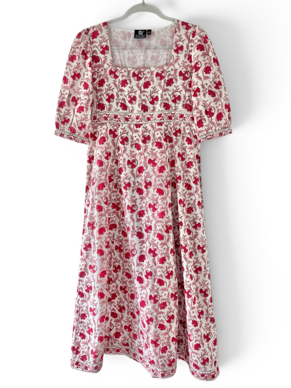 Madison Mathews Floral Empire Waist Maxi Dress Cotton Puff Sleeve Red Size XS